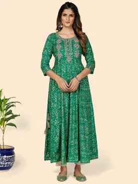 Women'S Printed & Embroidered Anarkali Rayon Turquoise Stitched Kurta