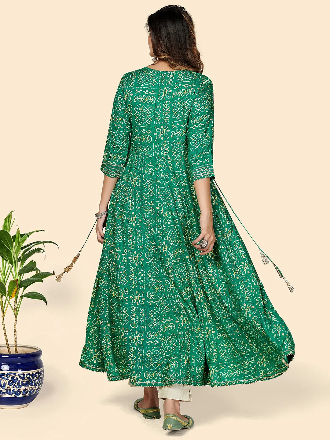 Women'S Printed & Embroidered Anarkali Rayon Turquoise Stitched Kurta