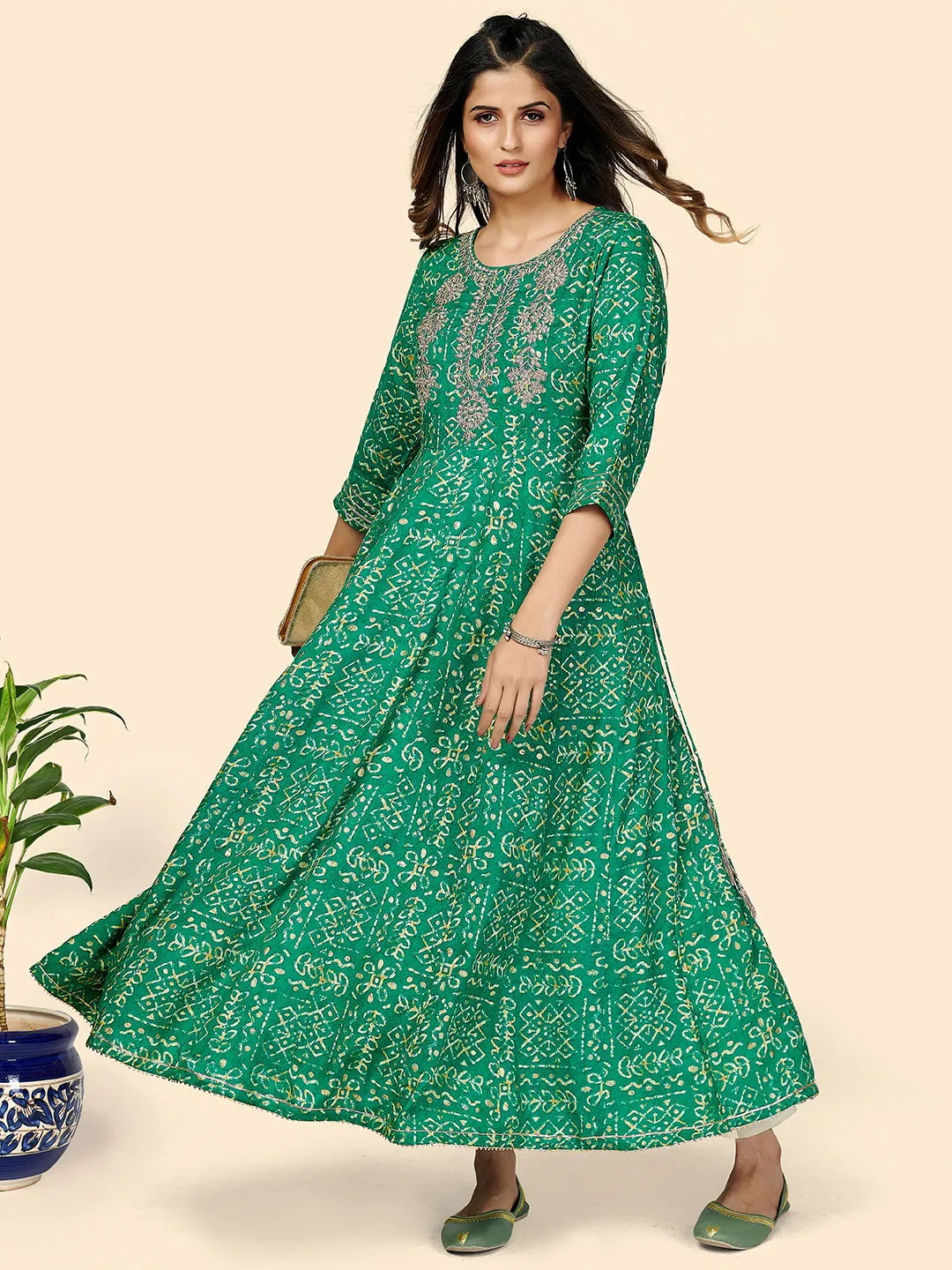 Women'S Printed & Embroidered Anarkali Rayon Turquoise Stitched Kurta