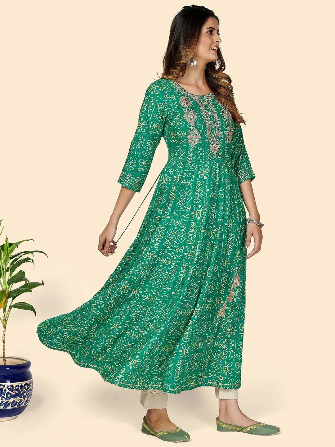 Women'S Printed & Embroidered Anarkali Rayon Turquoise Stitched Kurta