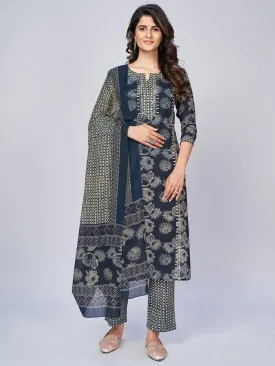 Women'S Printed & Embroidered Straight Cotton Blue Kurta Pant With Dupatta