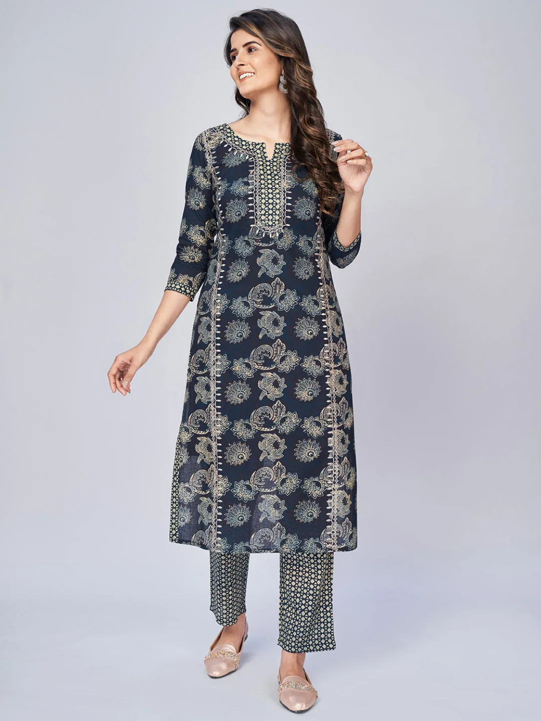 Women'S Printed & Embroidered Straight Cotton Blue Kurta Pant With Dupatta