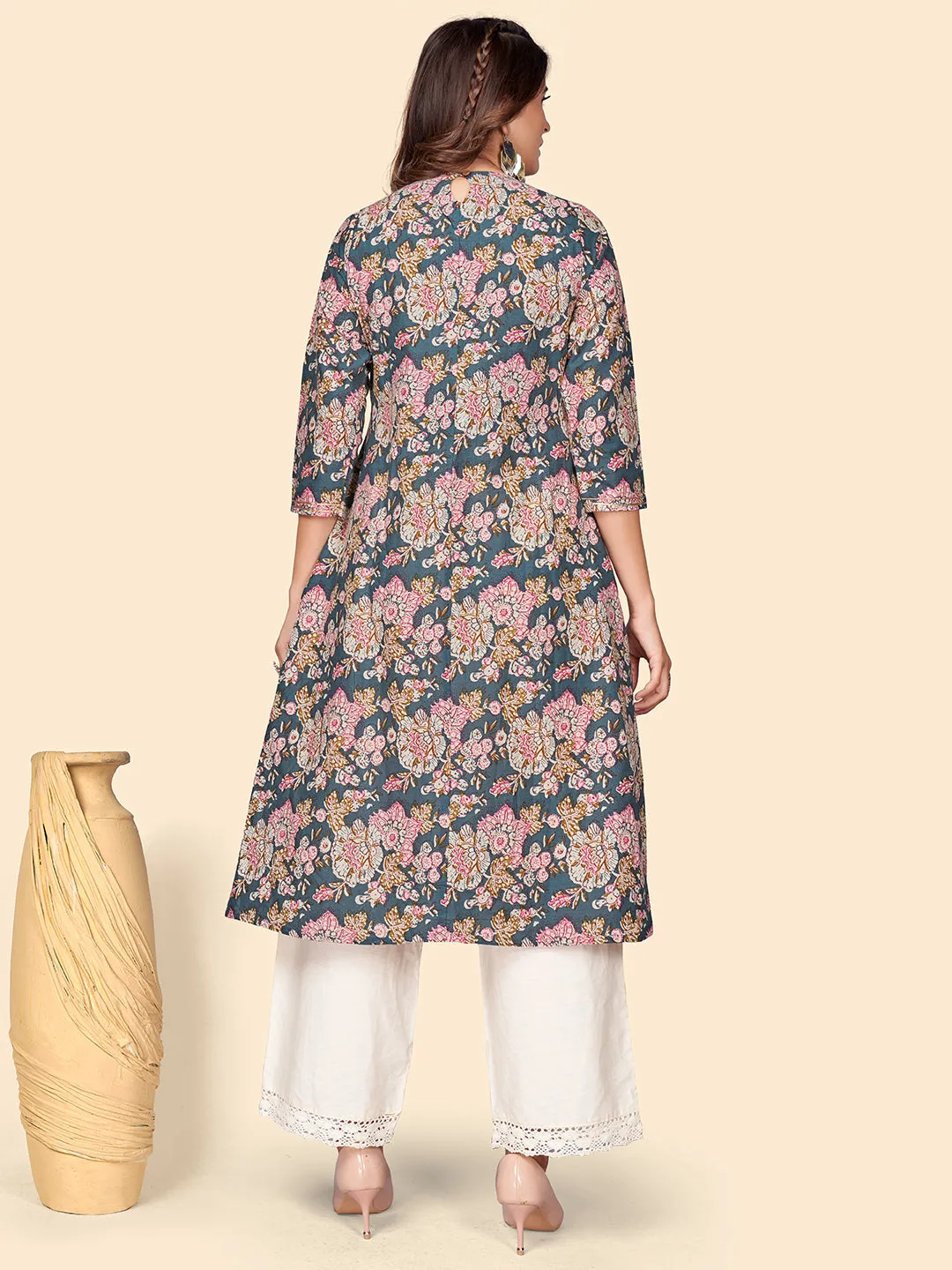 Women'S Printed & Embroidered Straight Cotton Blue Stitched Kurta