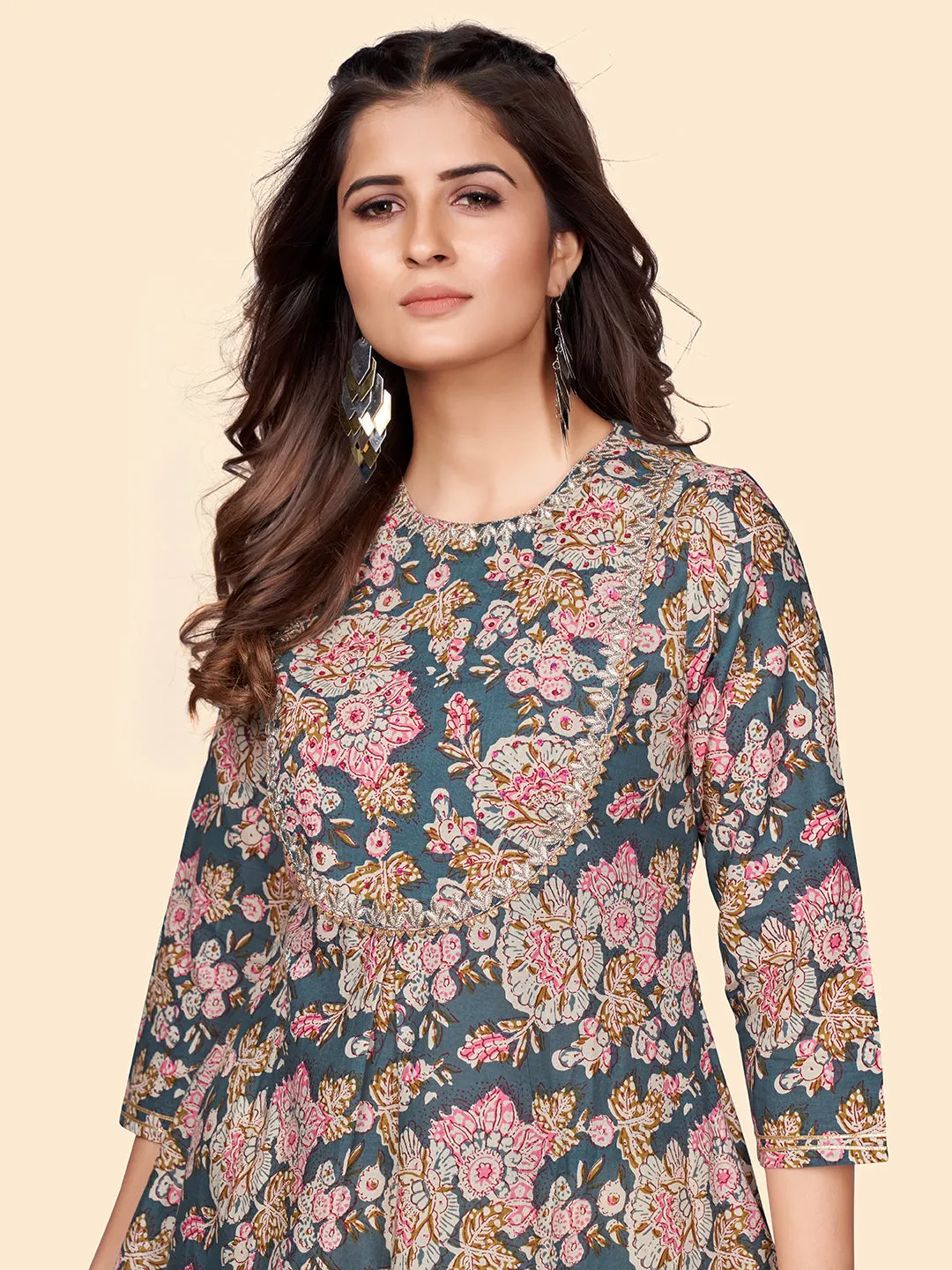 Women'S Printed & Embroidered Straight Cotton Blue Stitched Kurta