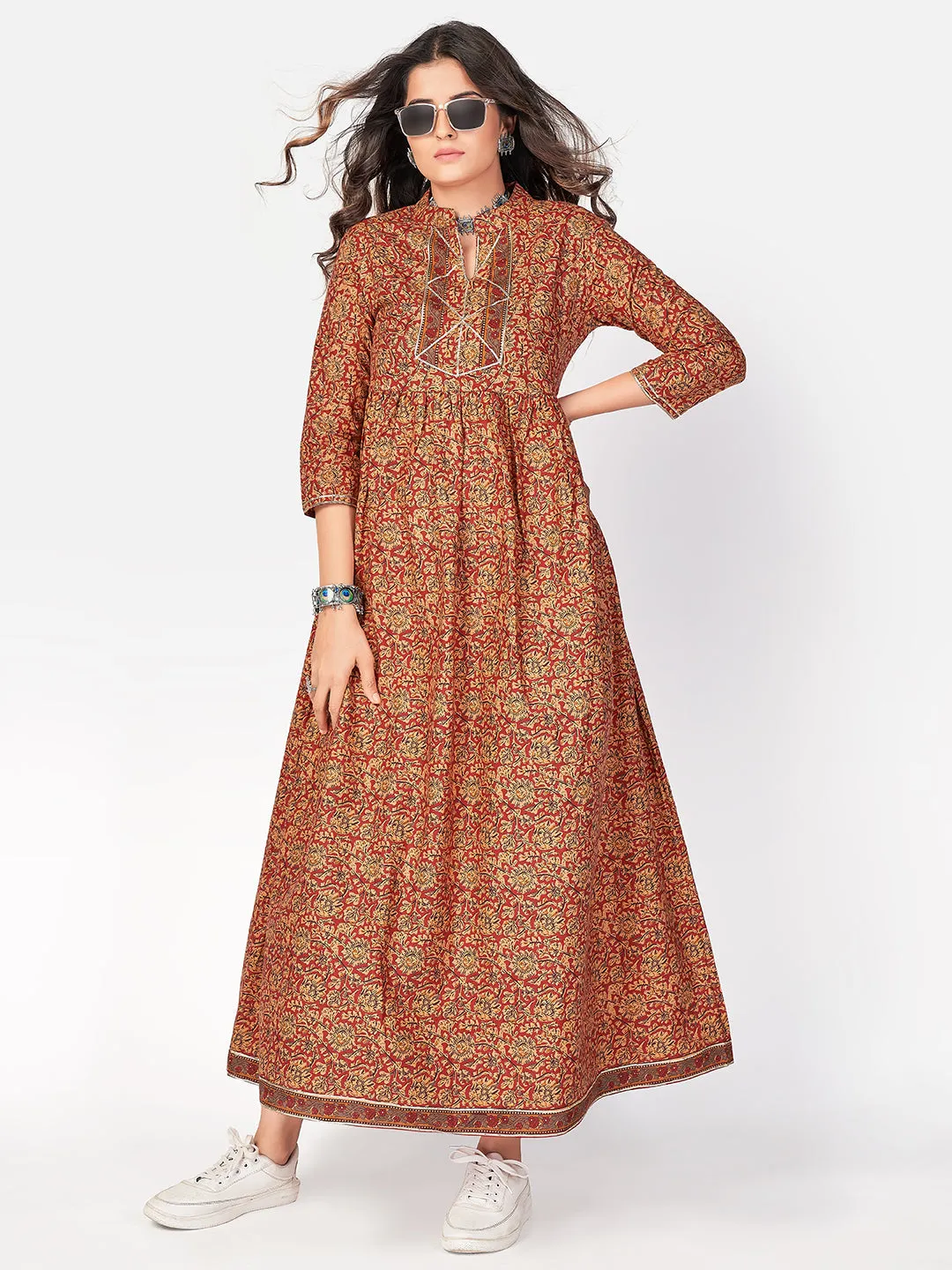 Women'S Printed & Gota Patti Anarkali Cotton Red Kurta