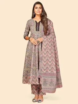 Women'S Printed & Gotta Work Anarkali Cotton Grey Stitched Kurta Pant With Dupatta