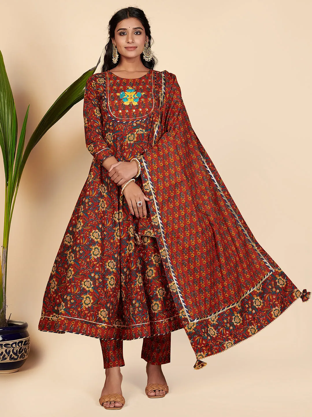 Women'S Printed & Hand Work Anarkali Cotton Maroon Stitched Kurta Pant With Dupatta