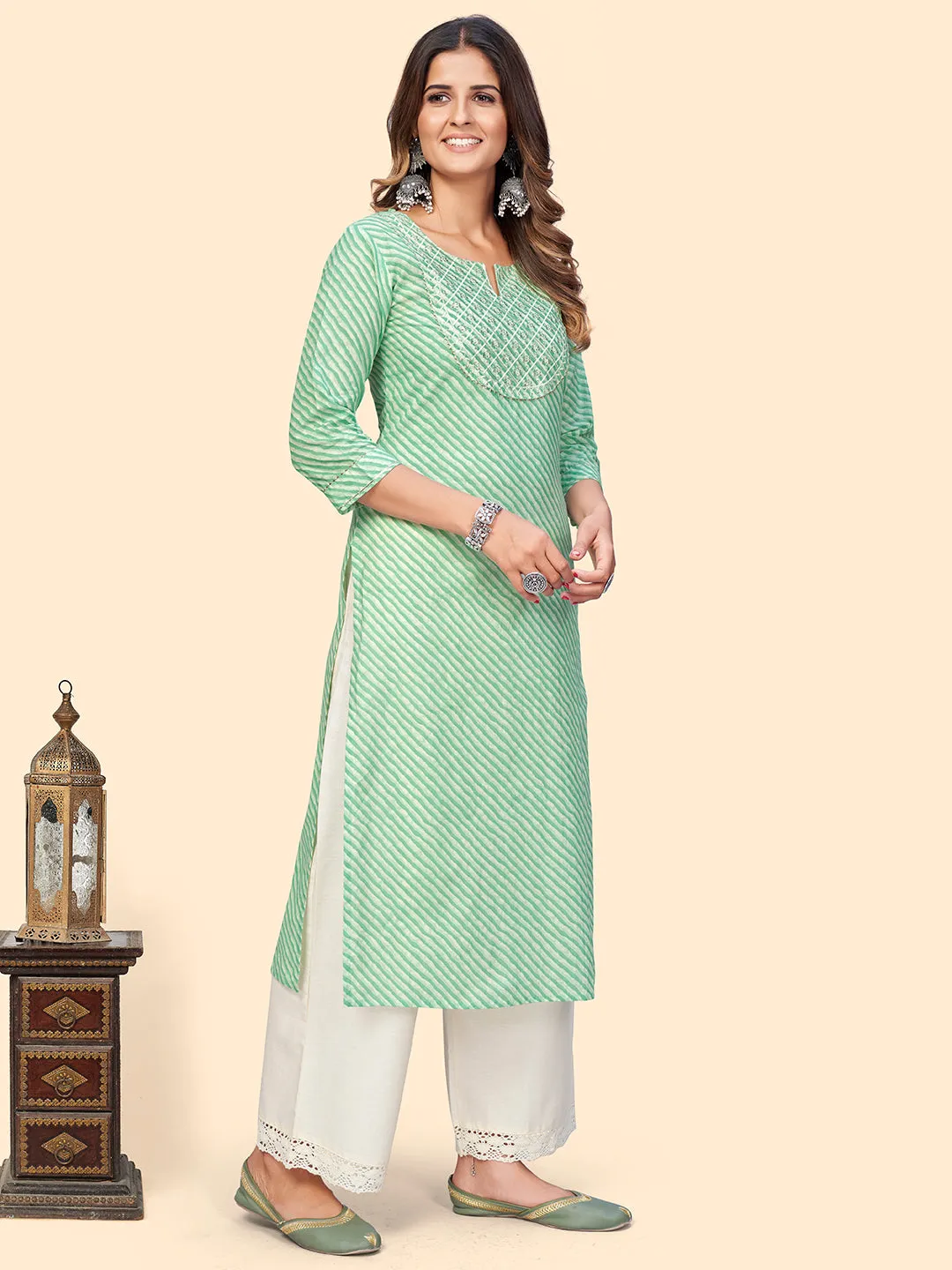 Women'S Printed & Sequience Straight Cotton Sea Green Stitched Kurta