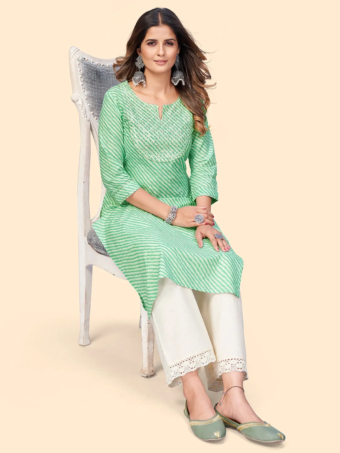 Women'S Printed & Sequience Straight Cotton Sea Green Stitched Kurta