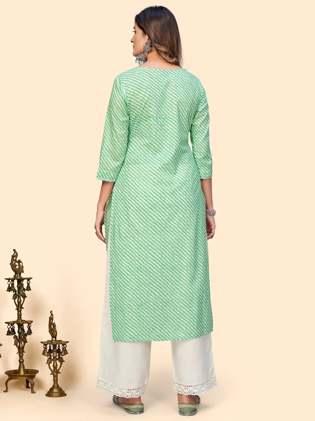 Women'S Printed & Sequience Straight Cotton Sea Green Stitched Kurta