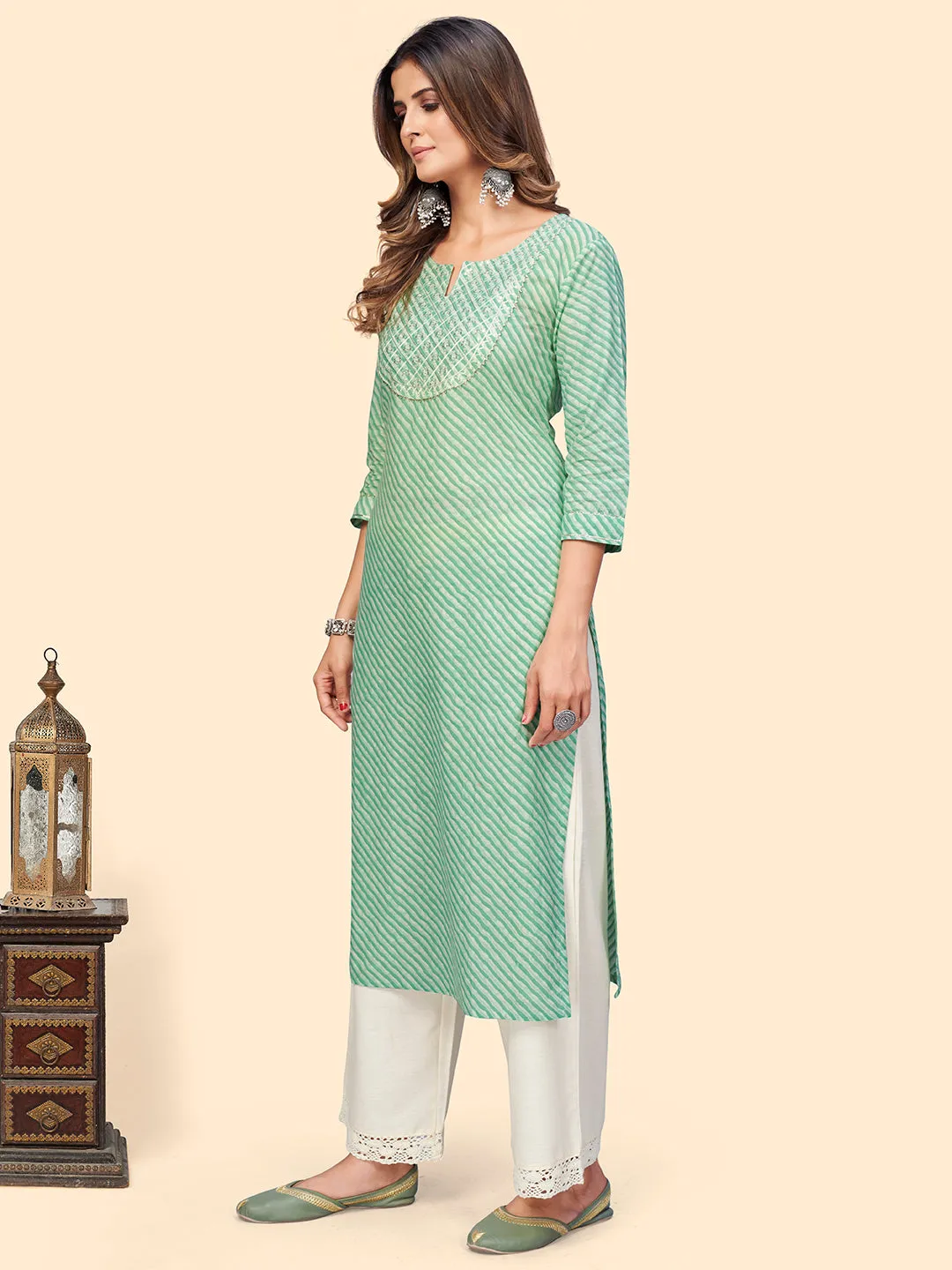 Women'S Printed & Sequience Straight Cotton Sea Green Stitched Kurta