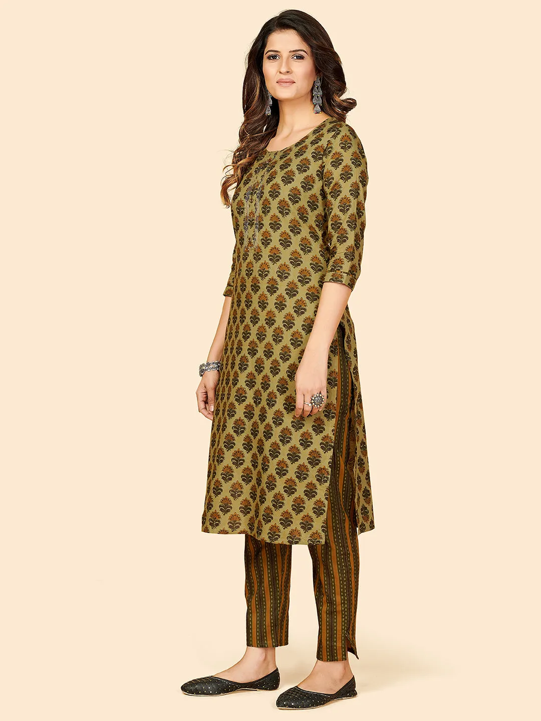 Women'S Printed & Sequience Work Straight Cotton Olive Green Stitched Kurta With Pant