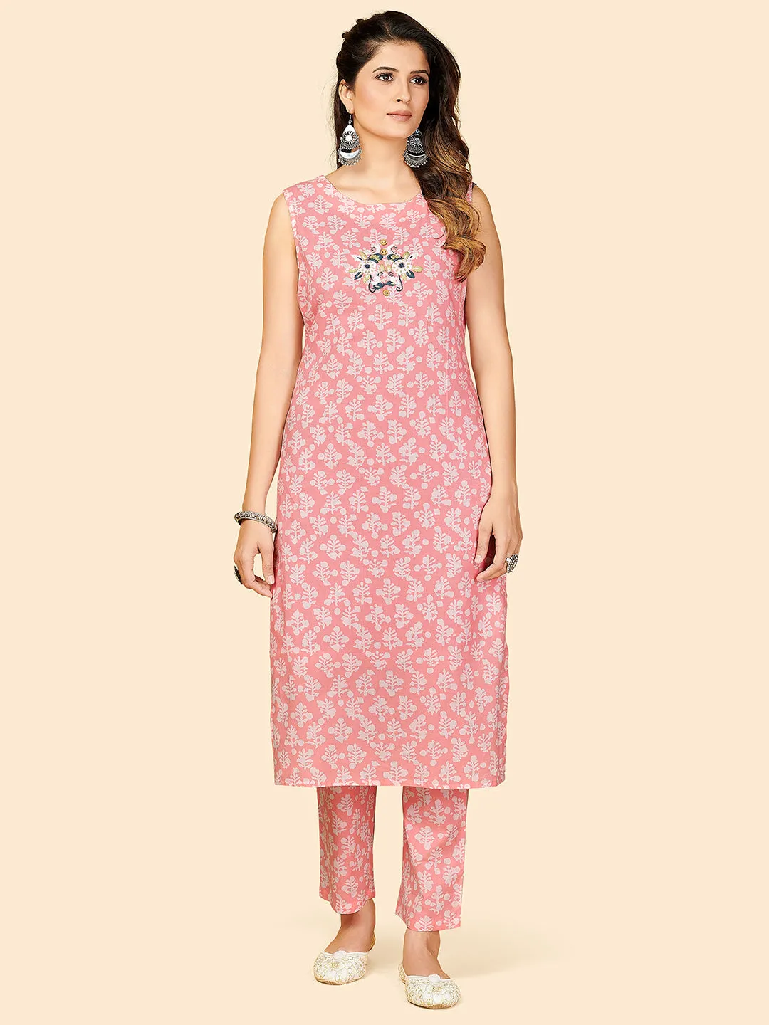 Women'S Printed & Thread Work Flare Cotton Light Pink Stitched Kurta Set (Pack Of 4)