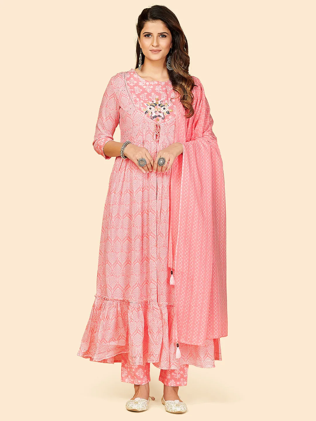 Women'S Printed & Thread Work Flare Cotton Light Pink Stitched Kurta Set (Pack Of 4)