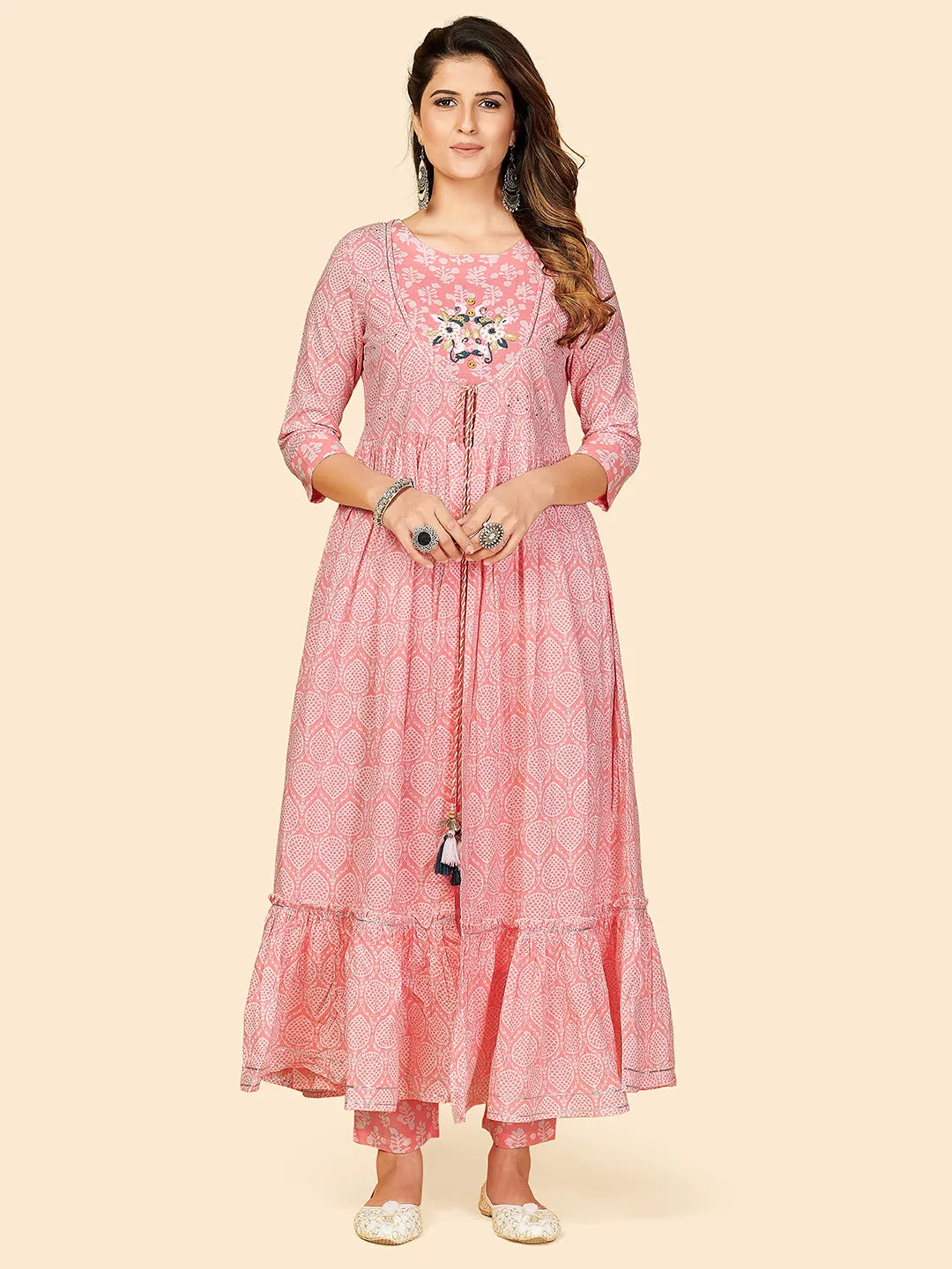 Women'S Printed & Thread Work Flare Cotton Light Pink Stitched Kurta Set (Pack Of 4)