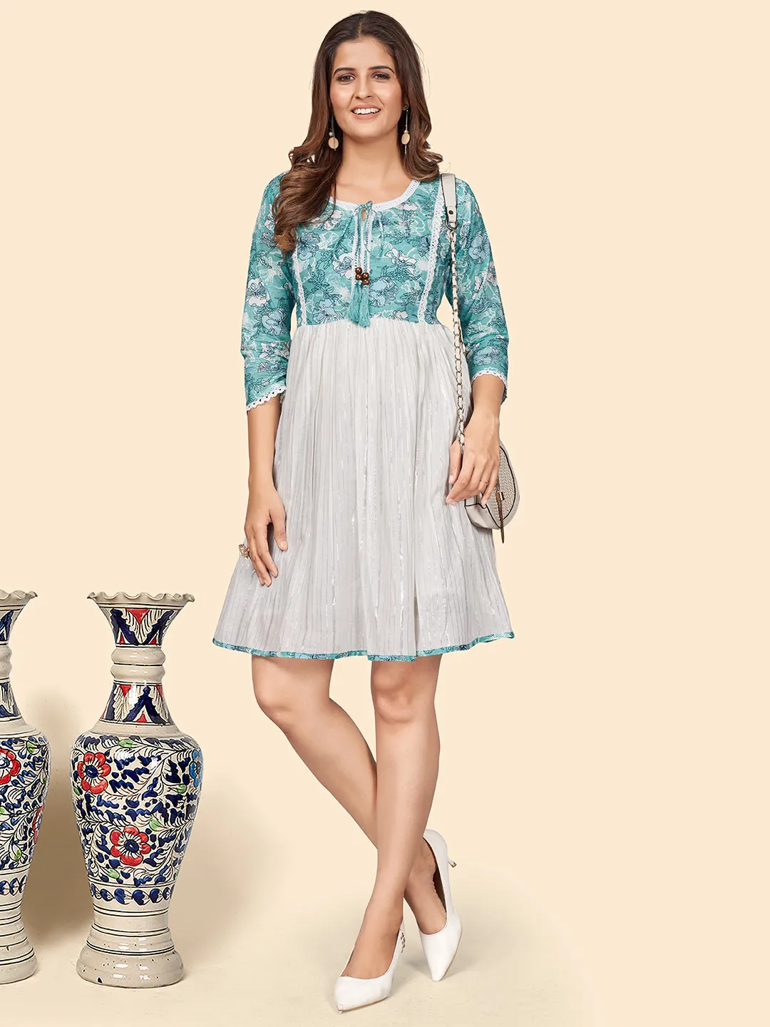 Women'S Printed Flared Cotton Turquoise  Stitched Dress