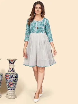 Women'S Printed Flared Cotton Turquoise  Stitched Dress