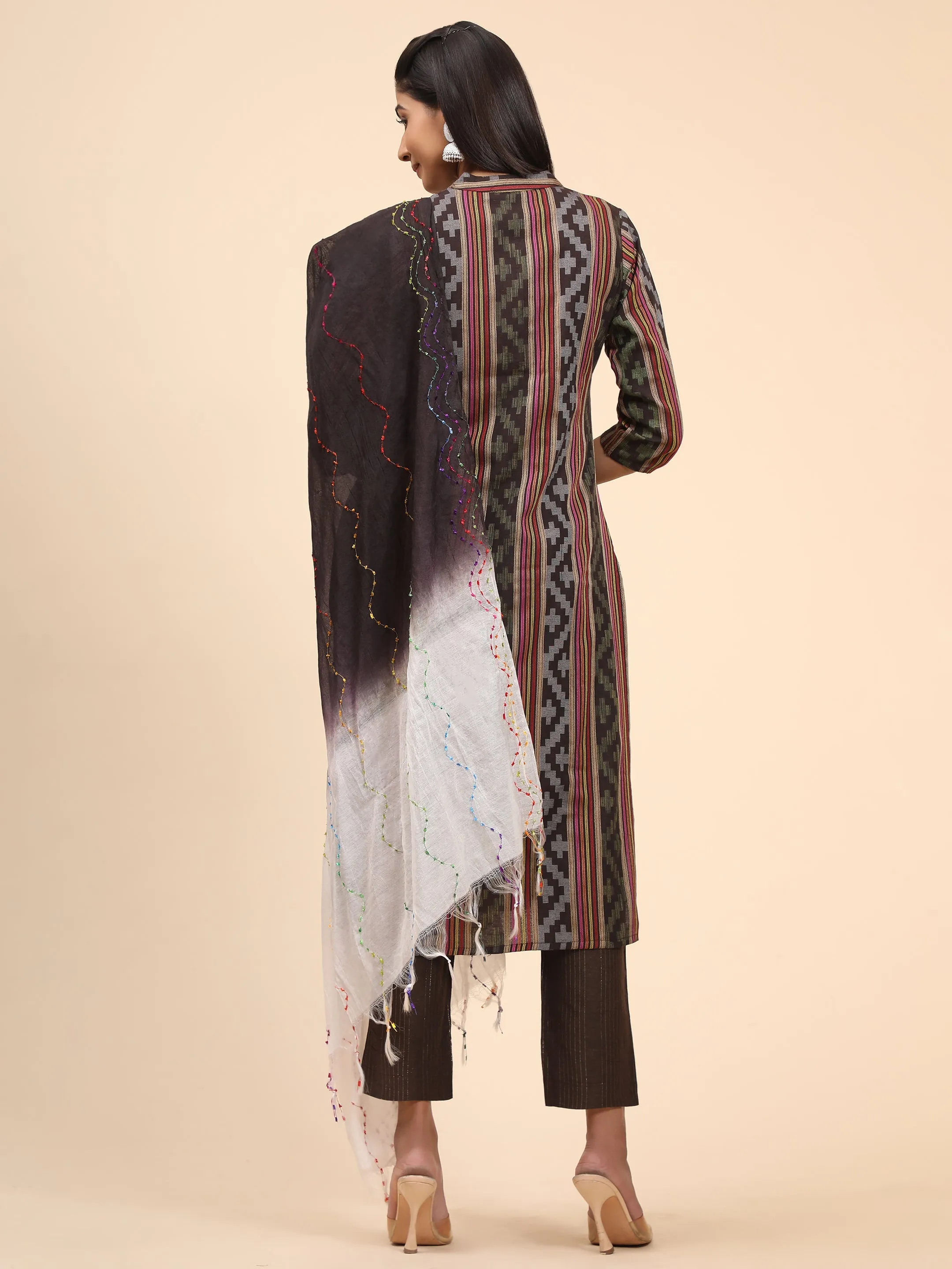 Women'S Printed Straight Cotton Blend Brown Stitched Kurta Pant With Dupatta