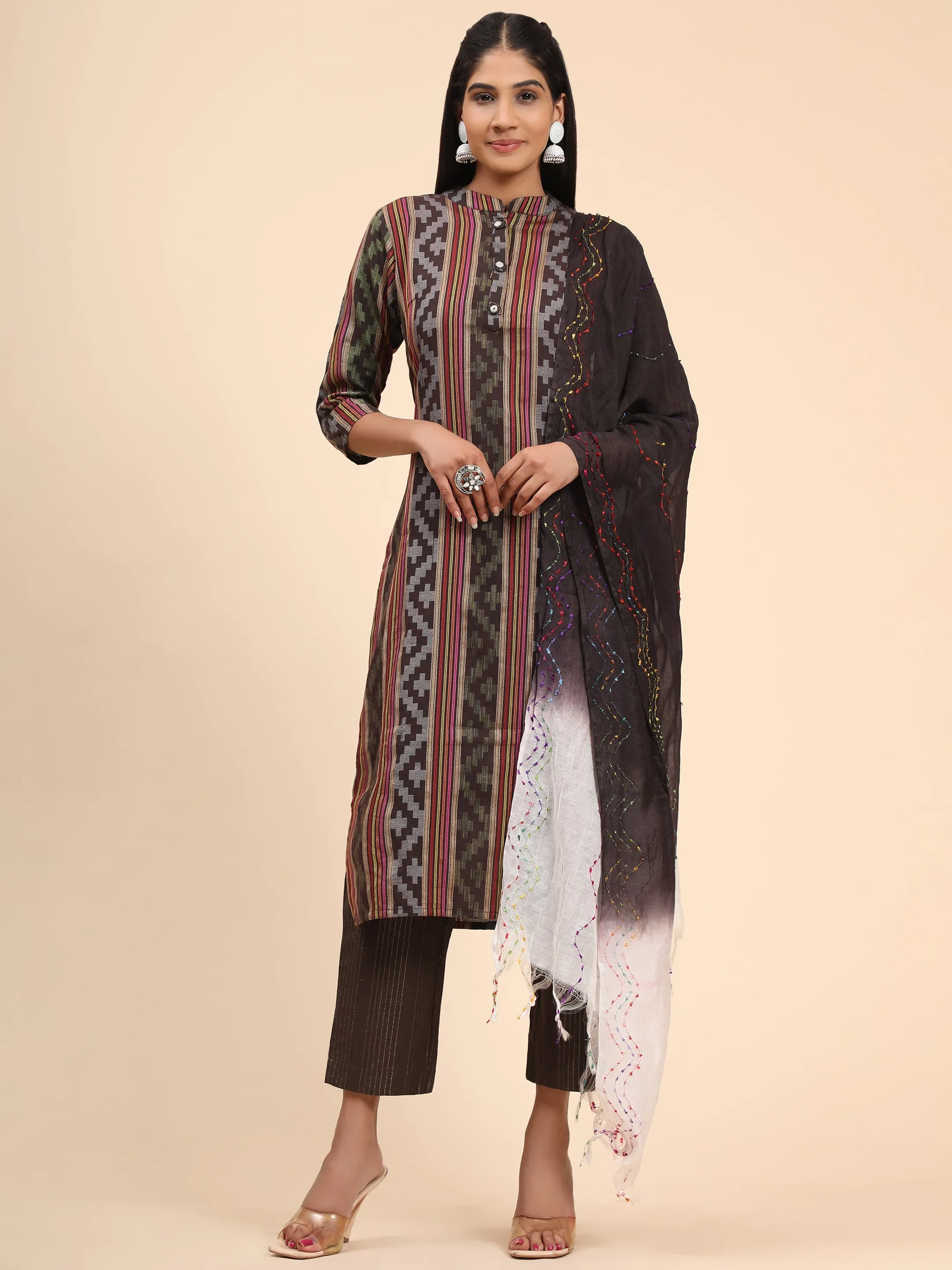 Women'S Printed Straight Cotton Blend Brown Stitched Kurta Pant With Dupatta