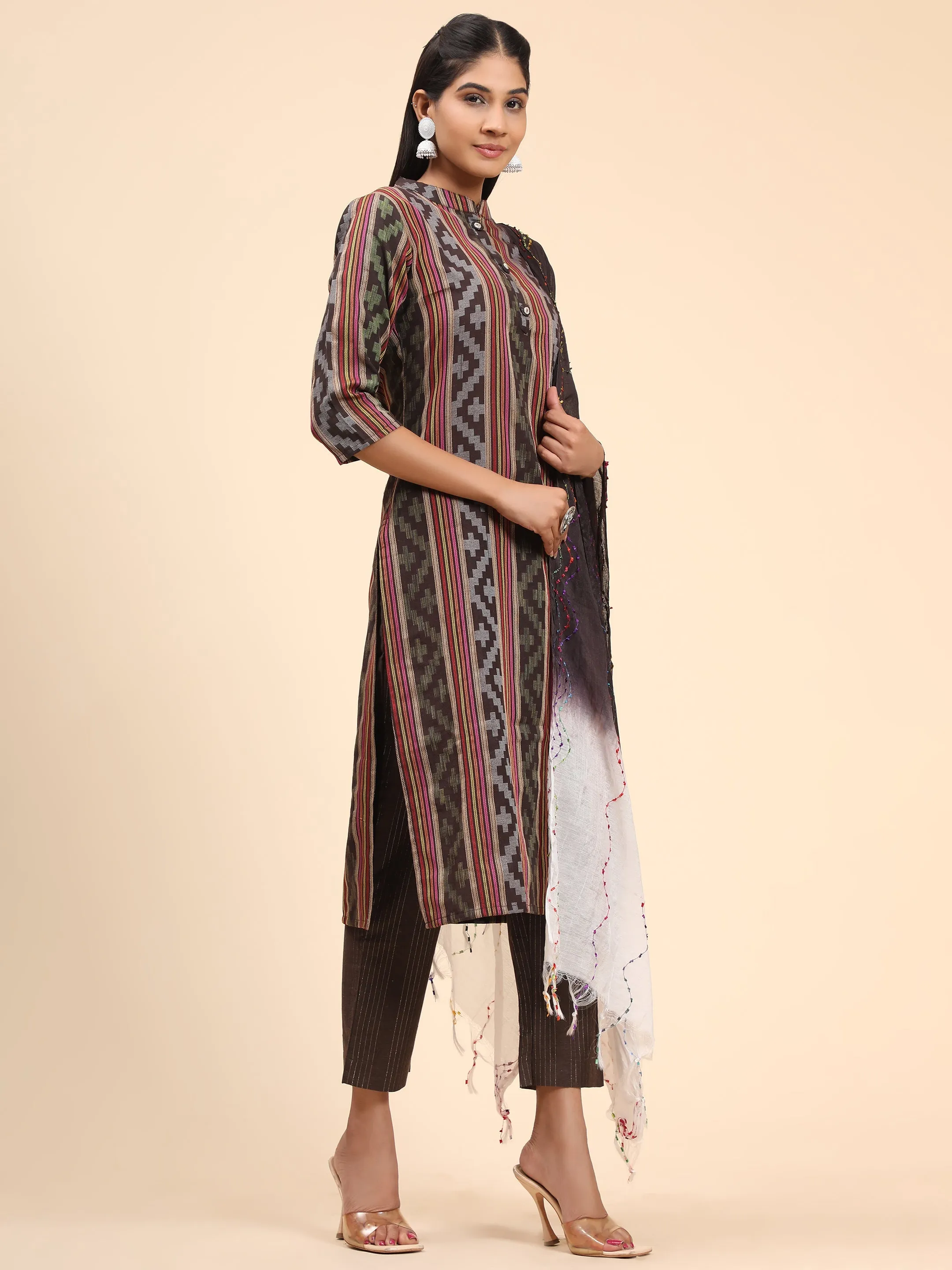 Women'S Printed Straight Cotton Blend Brown Stitched Kurta Pant With Dupatta