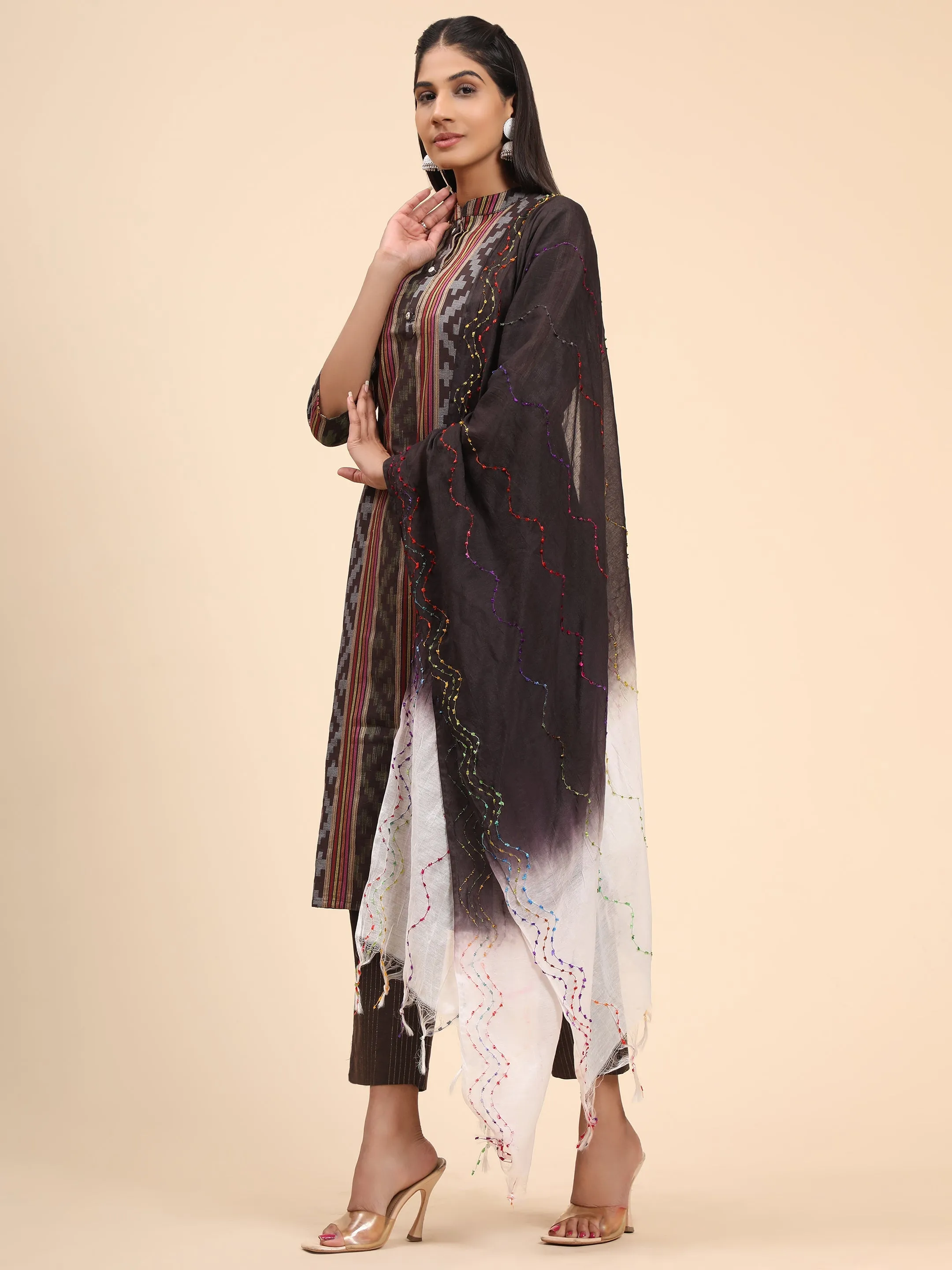 Women'S Printed Straight Cotton Blend Brown Stitched Kurta Pant With Dupatta