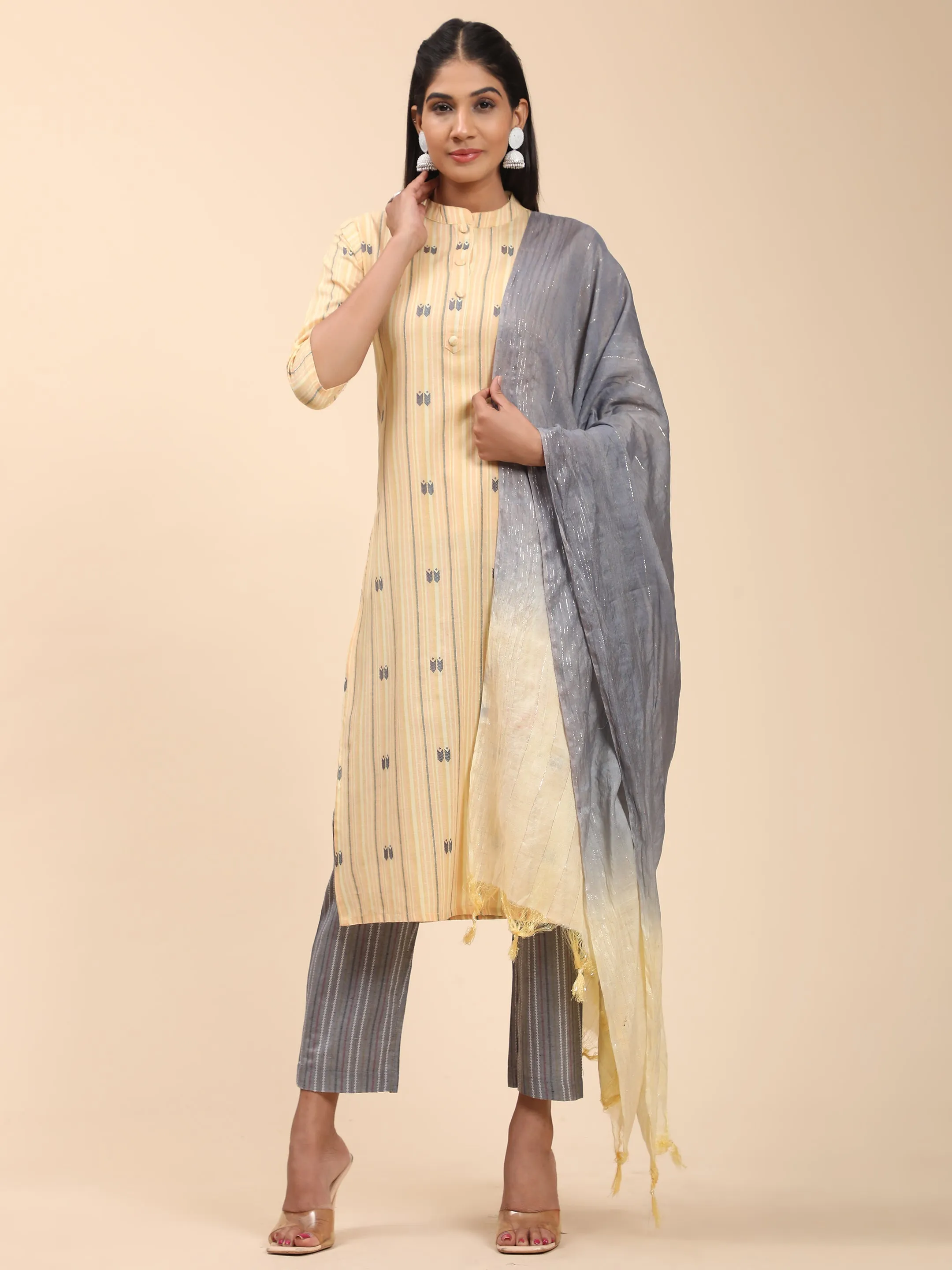 Women'S Printed Straight Cotton Blend Yellow Stitched Kurta Pant With Dupatta