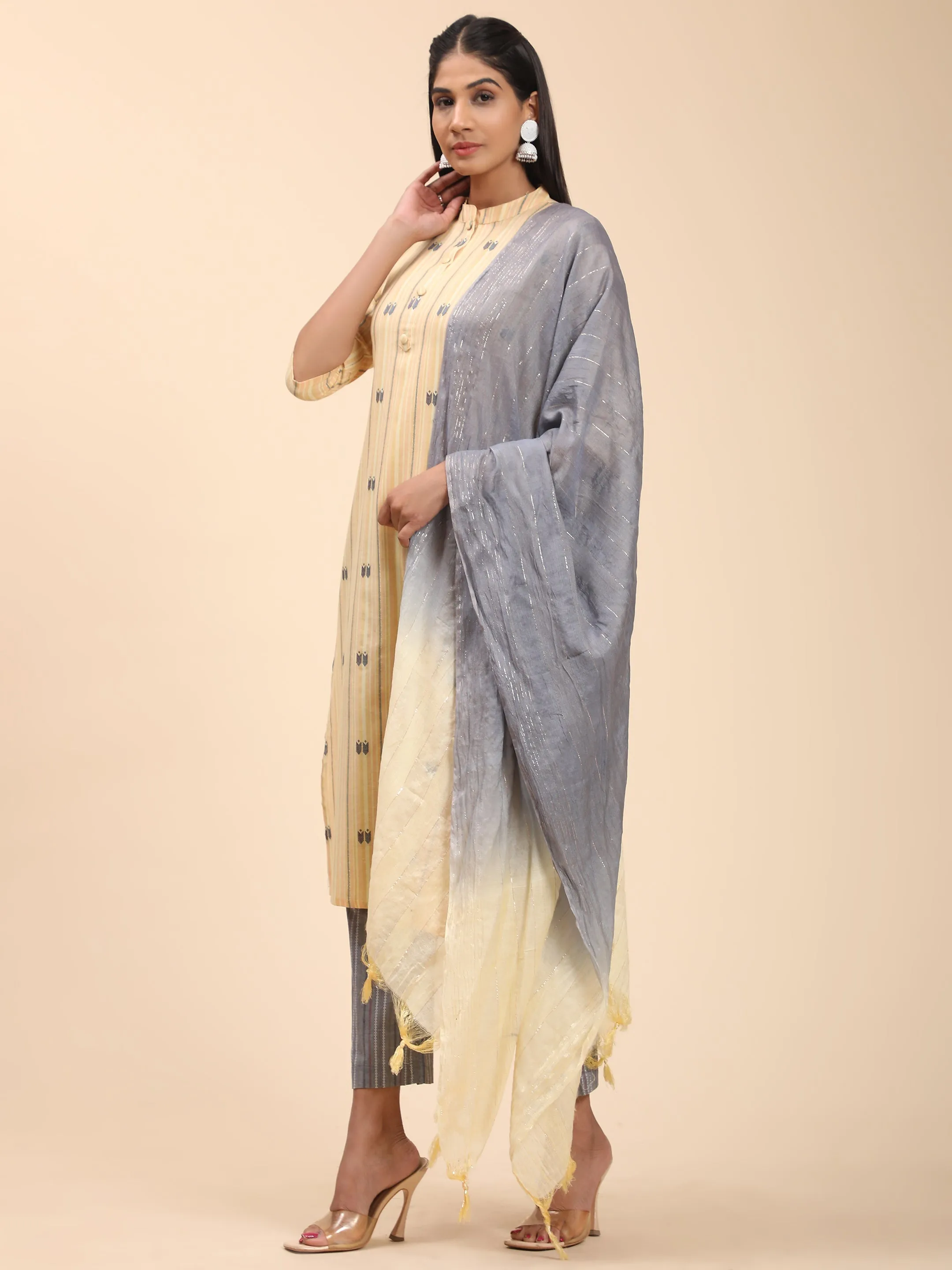 Women'S Printed Straight Cotton Blend Yellow Stitched Kurta Pant With Dupatta