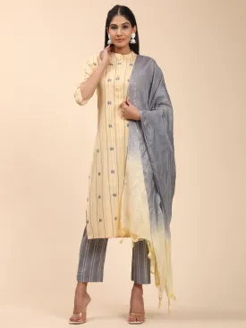 Women'S Printed Straight Cotton Blend Yellow Stitched Kurta Pant With Dupatta