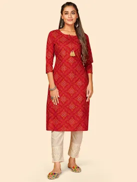 Women'S Printed Straight Cotton Red Stitched Kurta