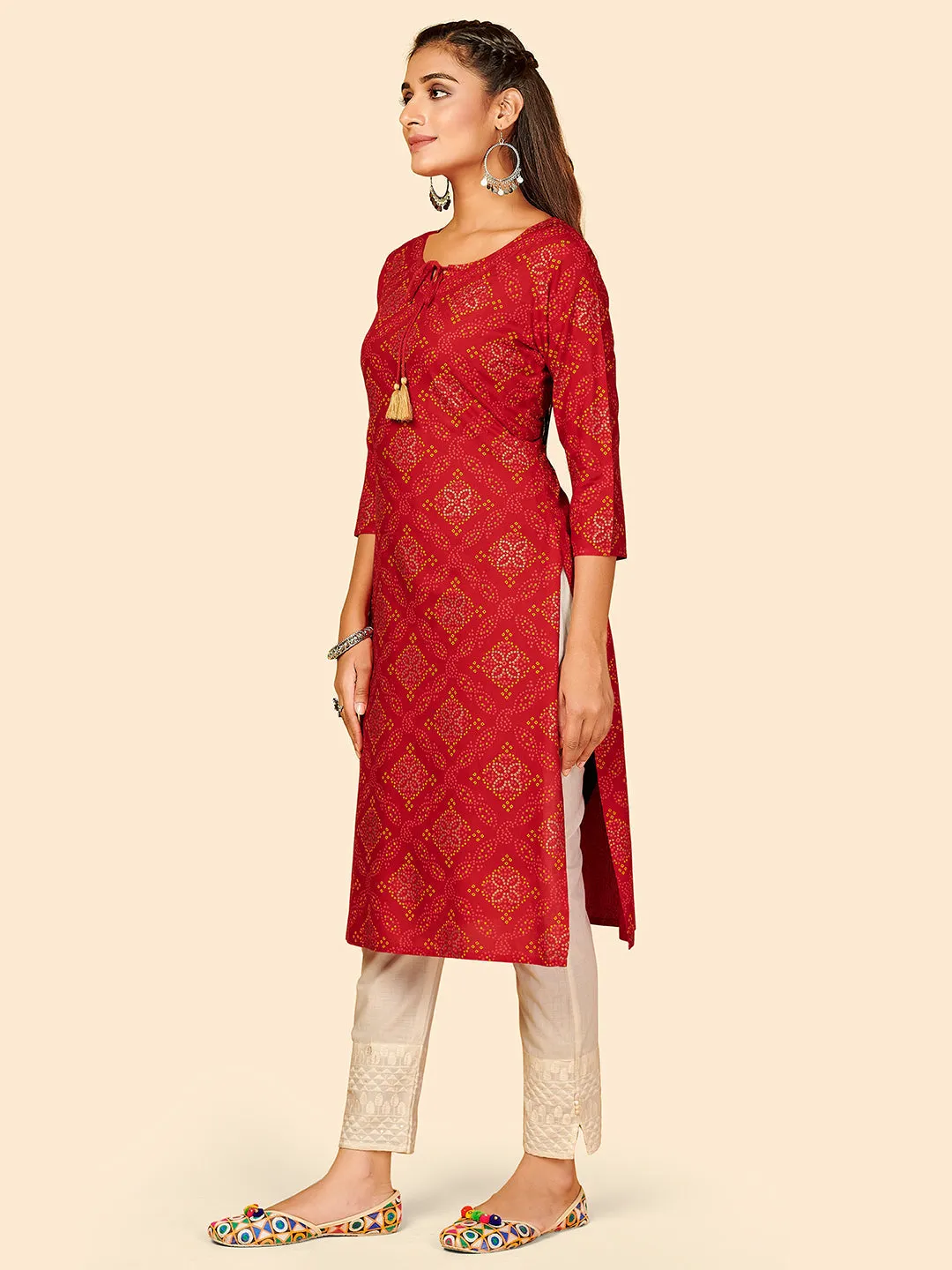 Women'S Printed Straight Cotton Red Stitched Kurta