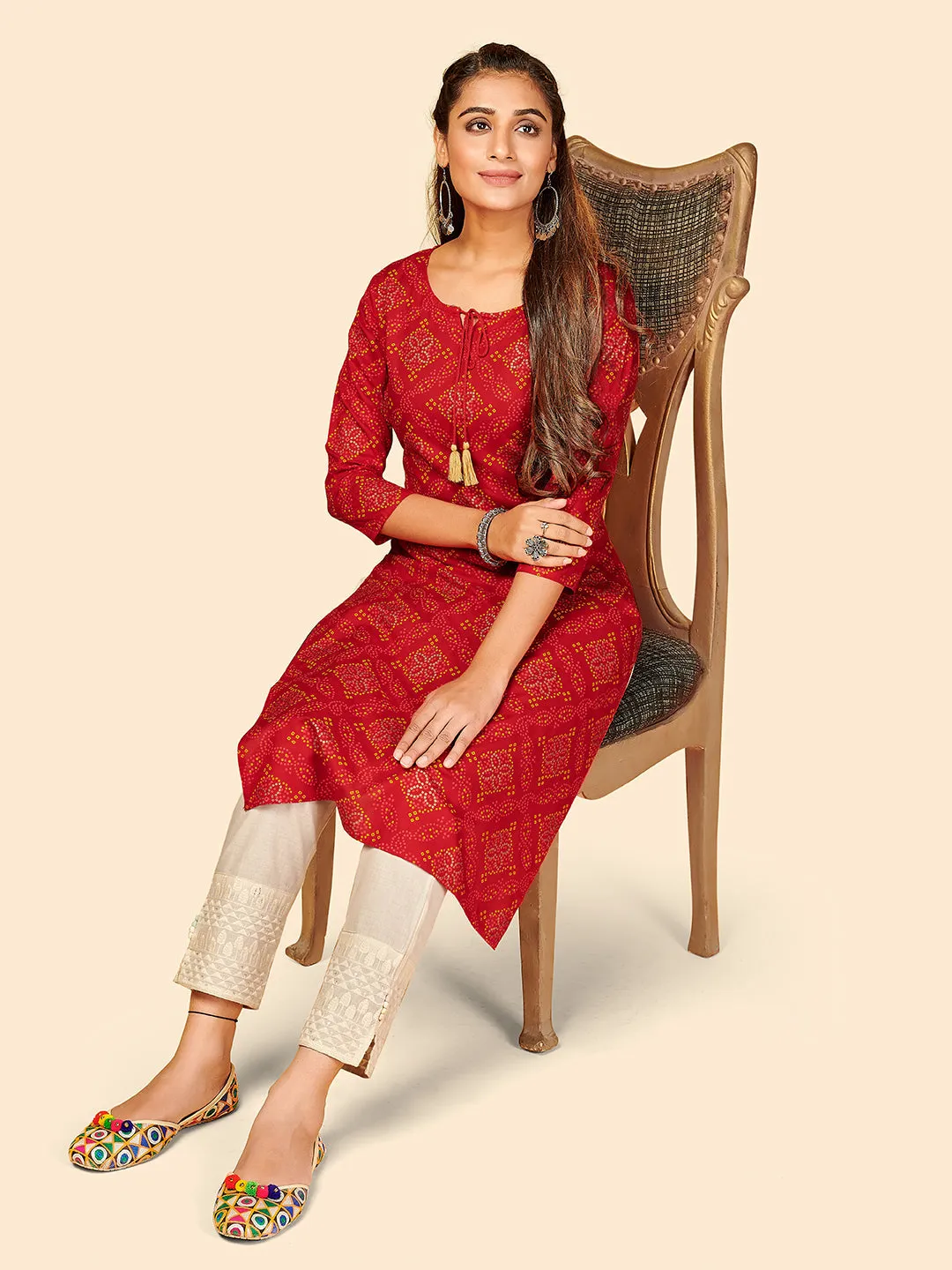 Women'S Printed Straight Cotton Red Stitched Kurta