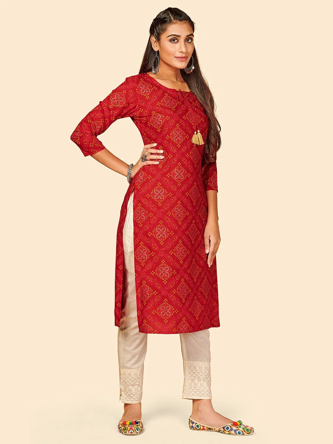 Women'S Printed Straight Cotton Red Stitched Kurta