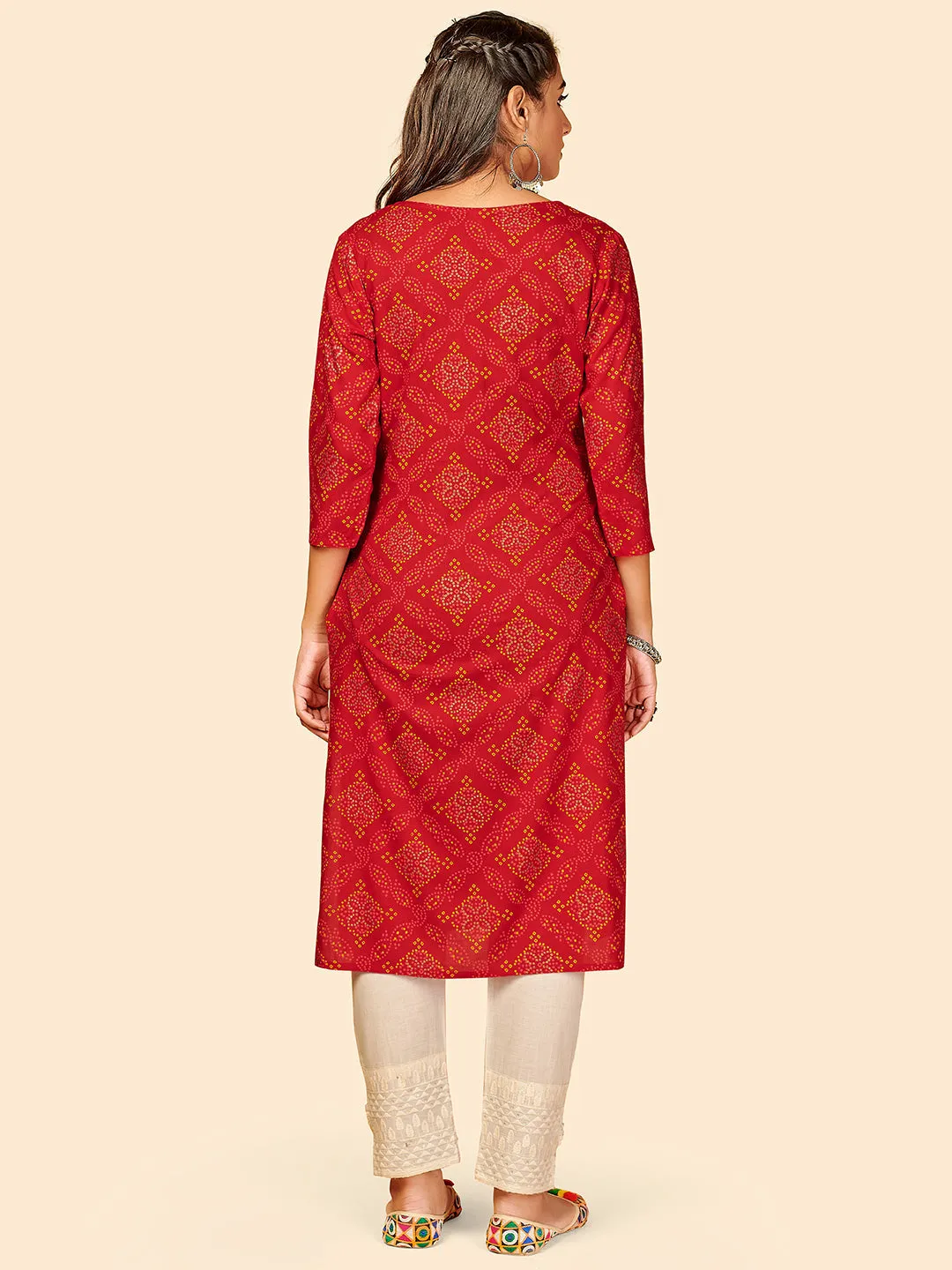 Women'S Printed Straight Cotton Red Stitched Kurta