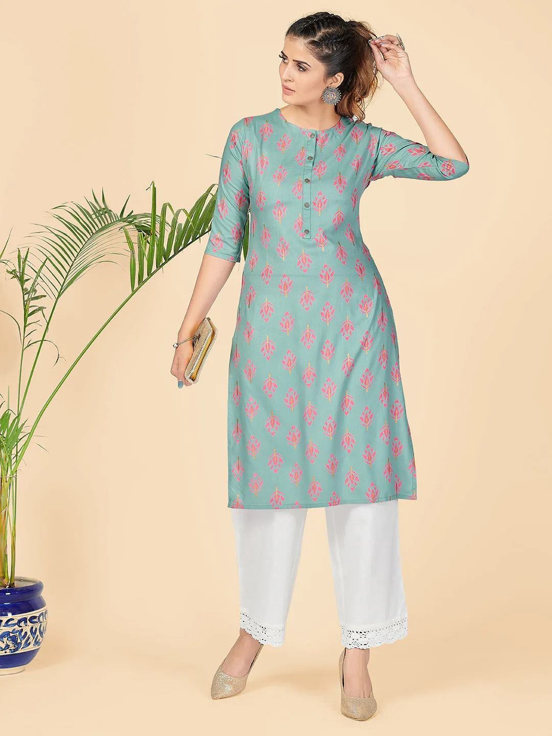 Women'S Printed Straight Rayon Turquoise Stitched Kurta