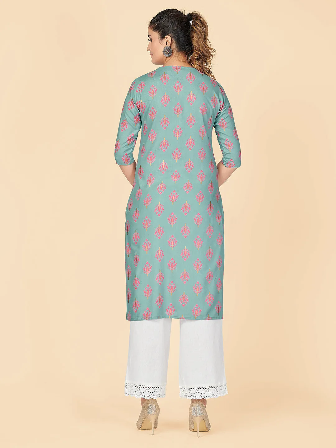 Women'S Printed Straight Rayon Turquoise Stitched Kurta