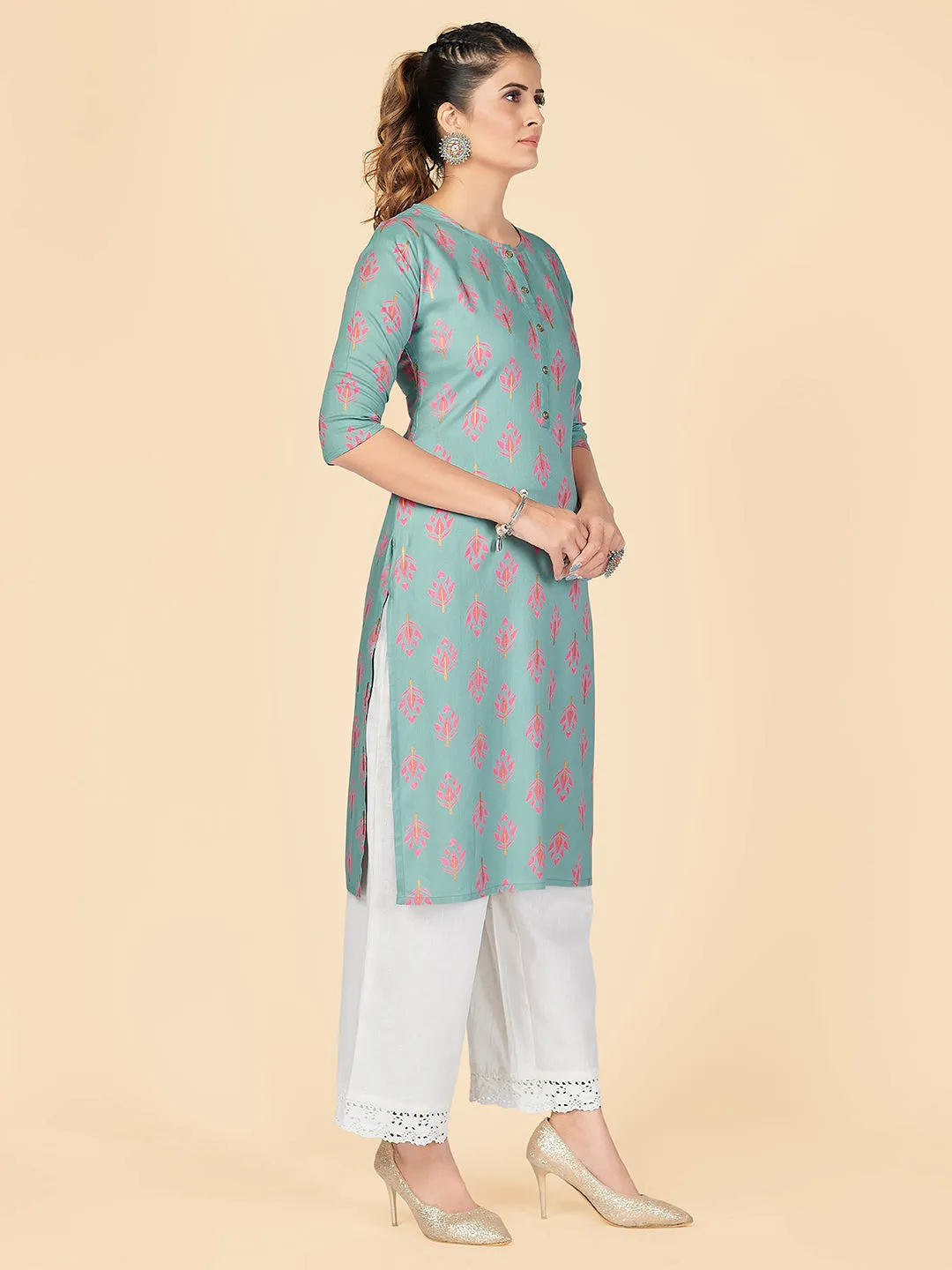 Women'S Printed Straight Rayon Turquoise Stitched Kurta