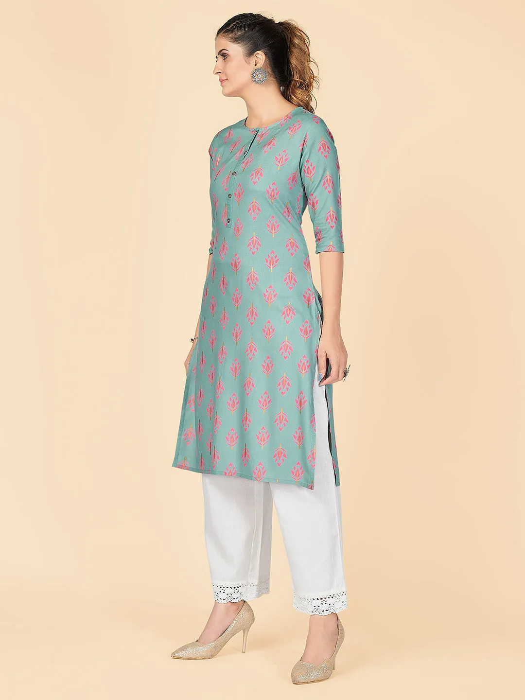 Women'S Printed Straight Rayon Turquoise Stitched Kurta