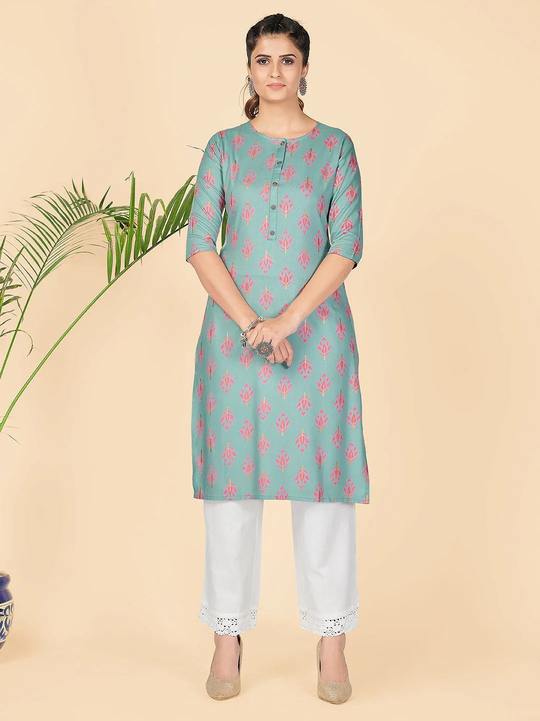 Women'S Printed Straight Rayon Turquoise Stitched Kurta