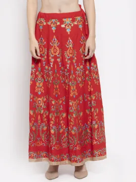 Women'S Red Printed Flared Rayon Maxi Skirt