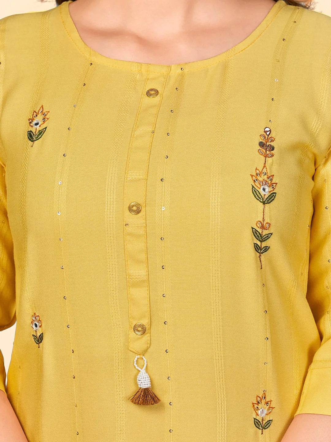 Women'S Sequence & Hand Work Straight Viscose Yellow Stitched Kurta