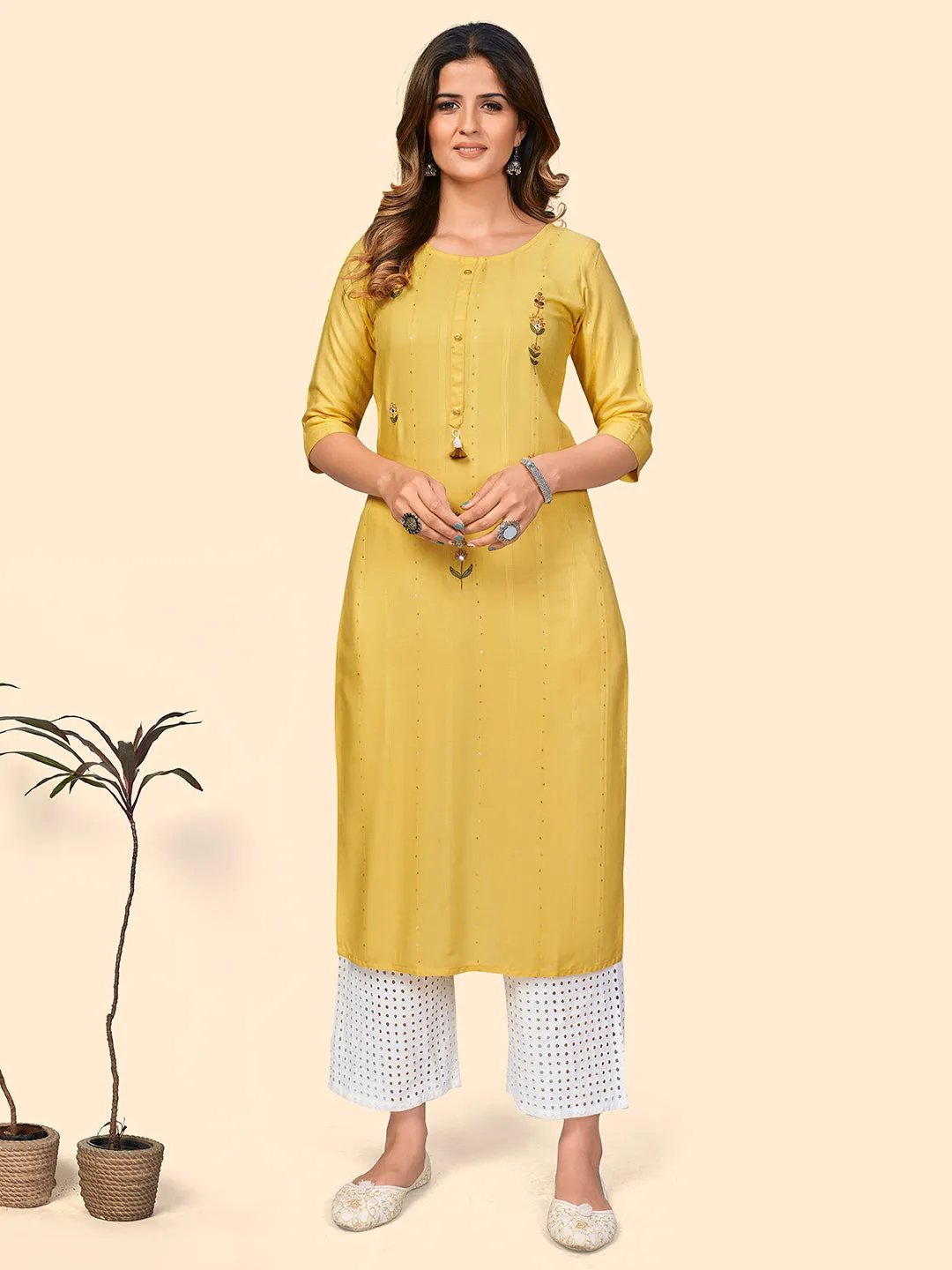 Women'S Sequence & Hand Work Straight Viscose Yellow Stitched Kurta