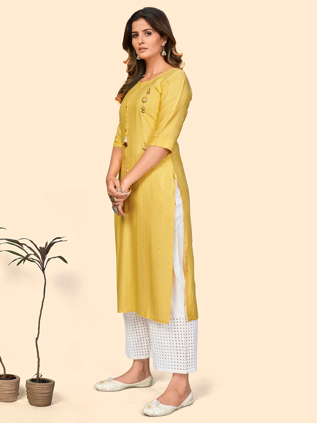 Women'S Sequence & Hand Work Straight Viscose Yellow Stitched Kurta