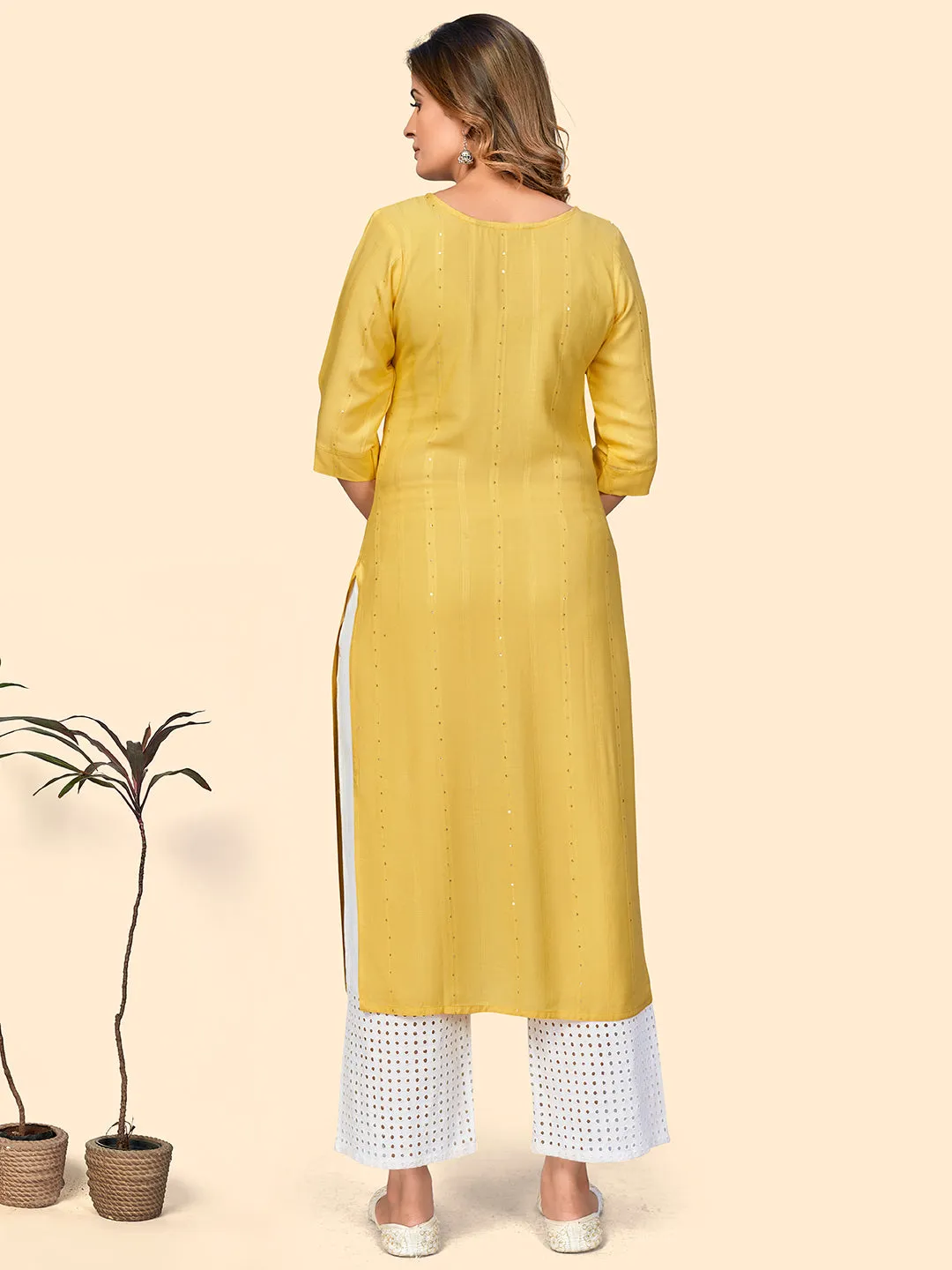 Women'S Sequence & Hand Work Straight Viscose Yellow Stitched Kurta