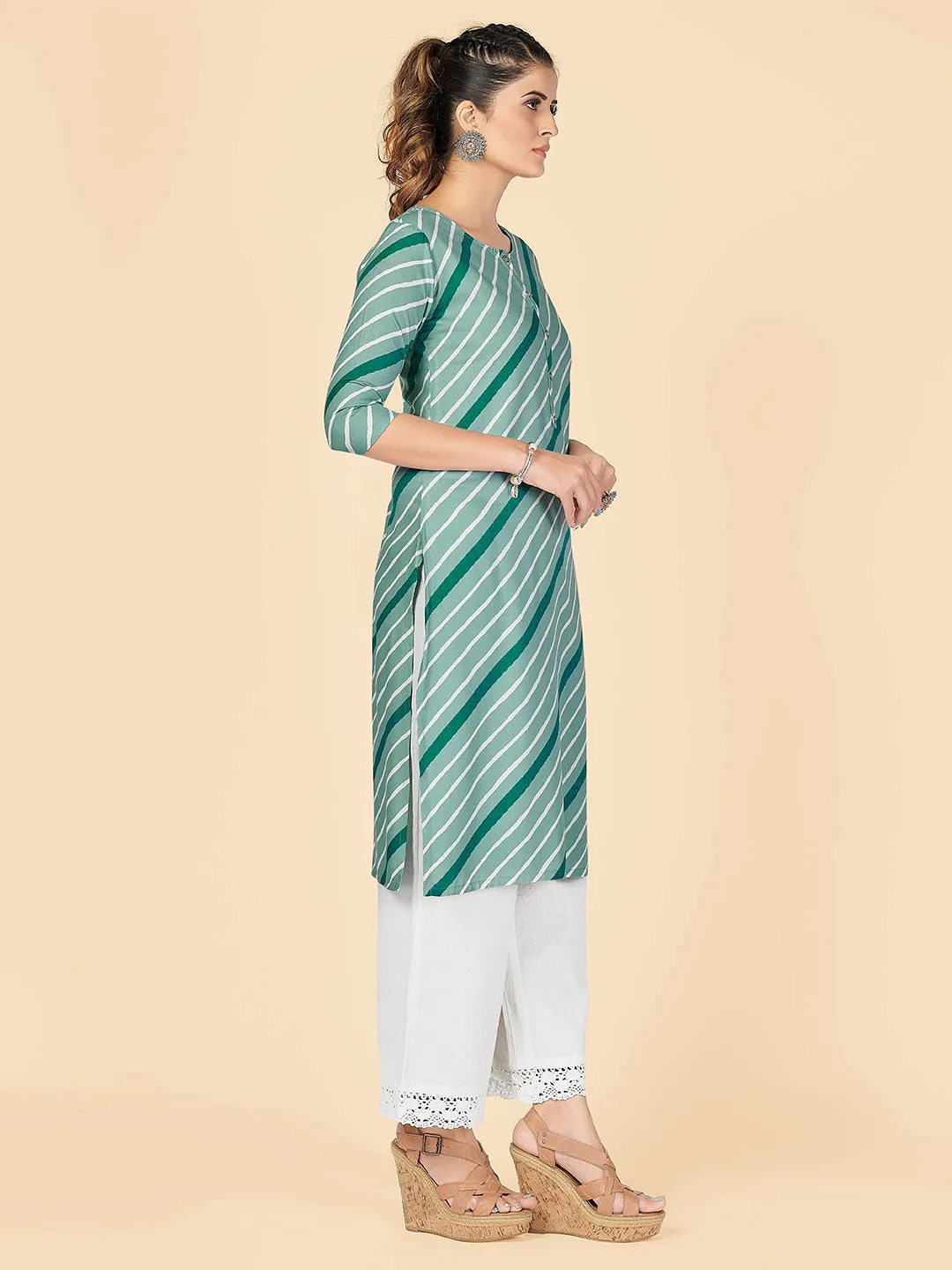 Women'S Stripe Print Straight Rayon See Green Stitched Kurta