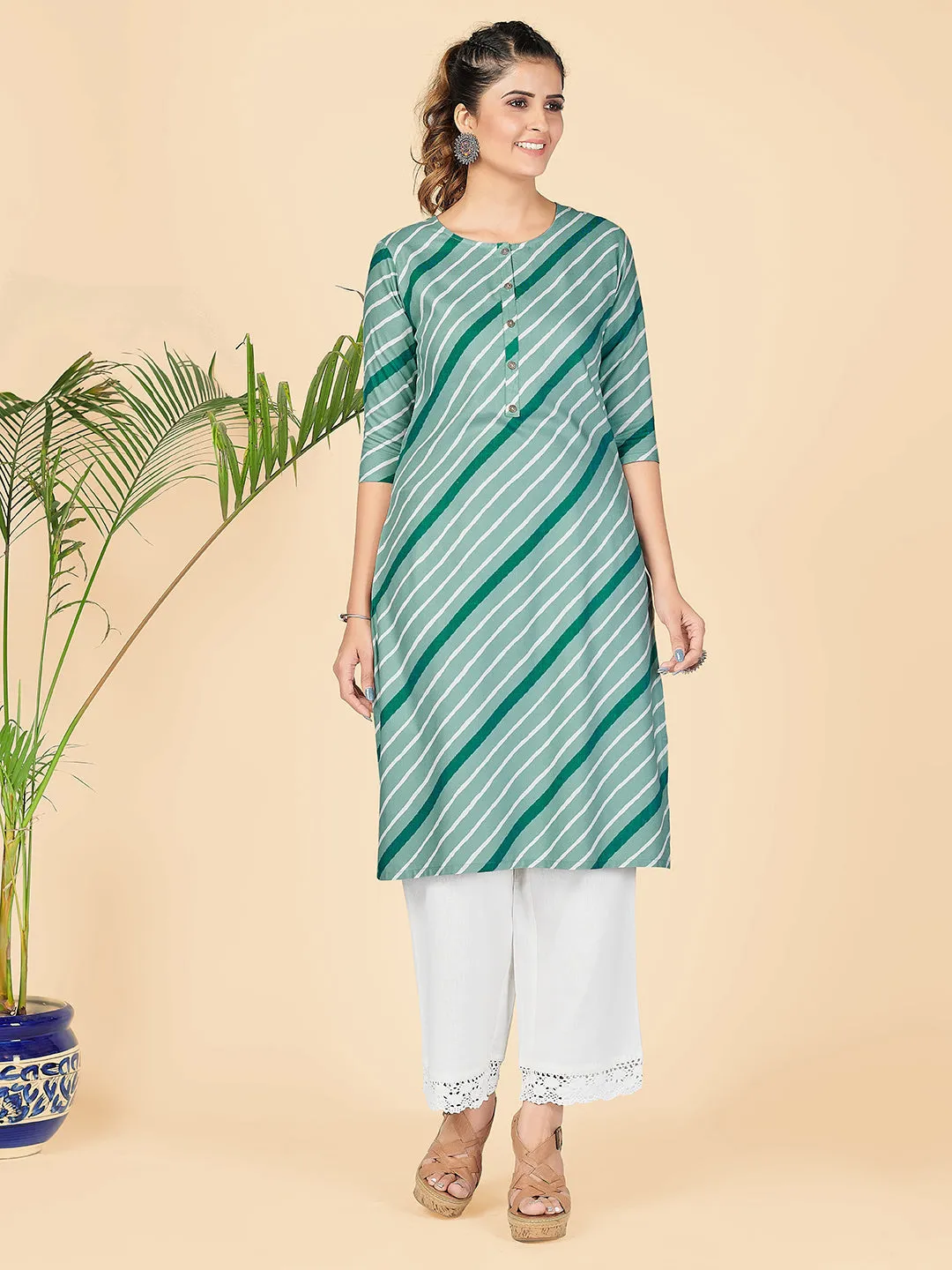 Women'S Stripe Print Straight Rayon See Green Stitched Kurta