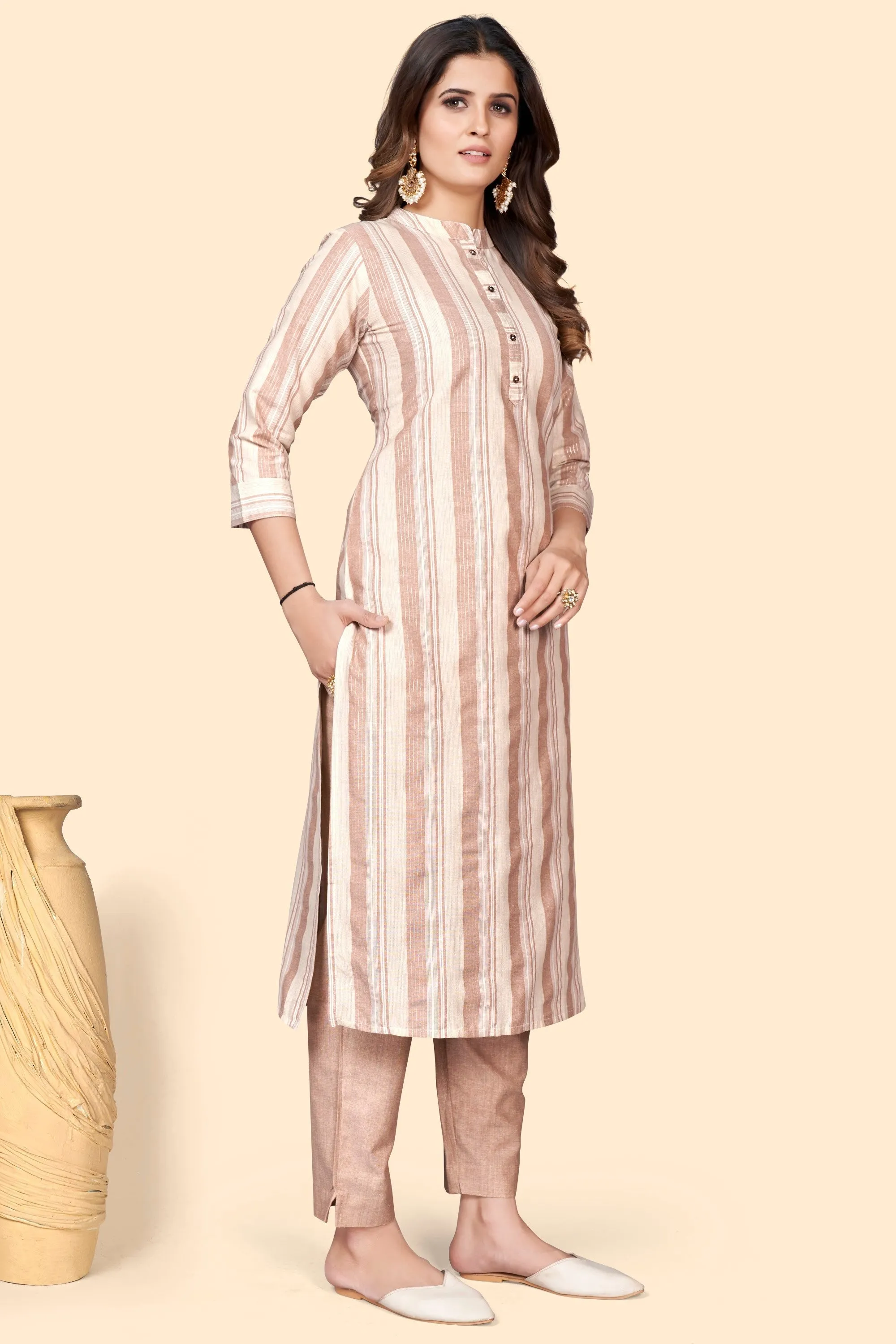 Women'S Striped Print Straight Cotton Blend Brown Stitched Kurta