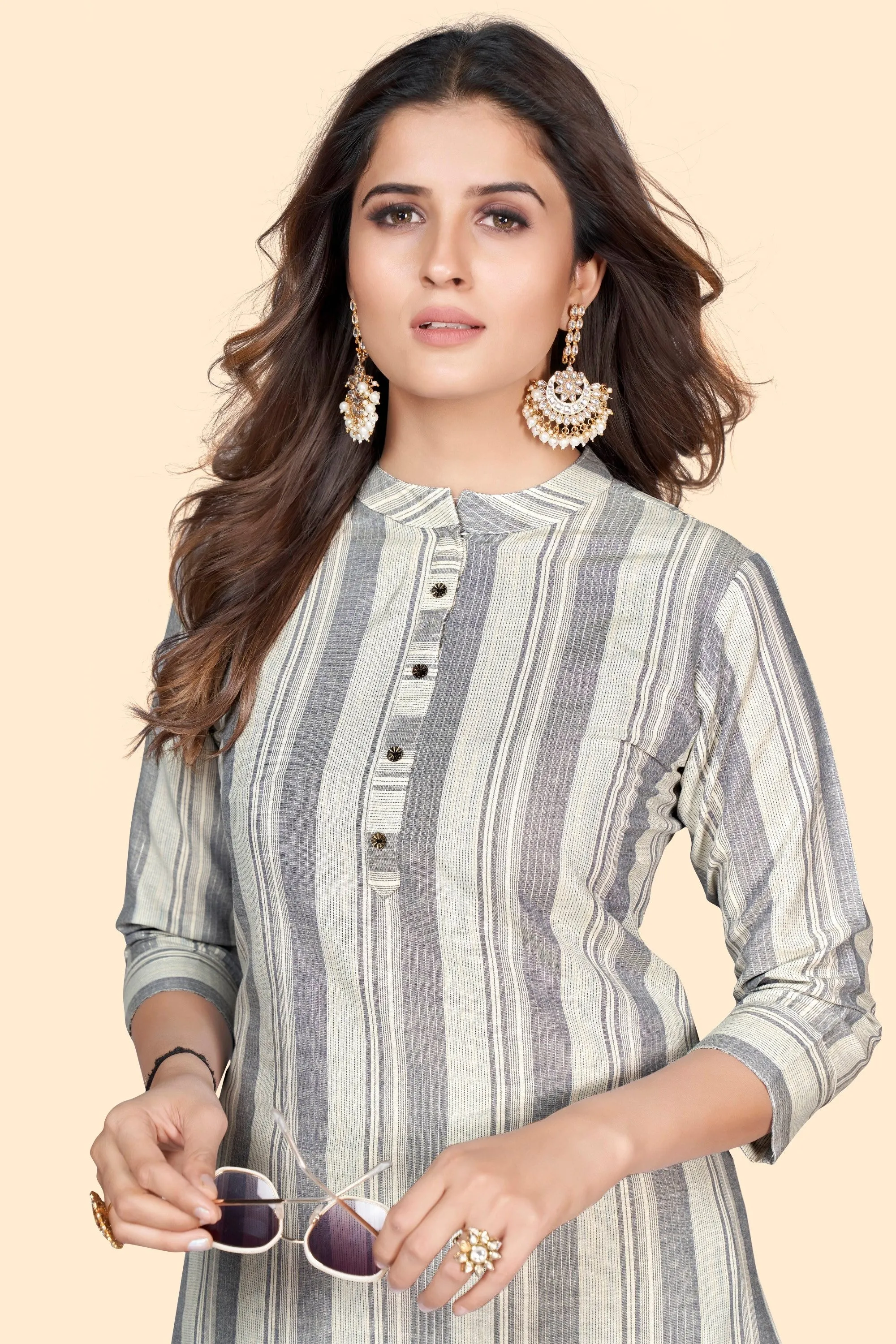 Women'S Striped Print Straight Cotton Blend Grey Stitched Kurta With Pant