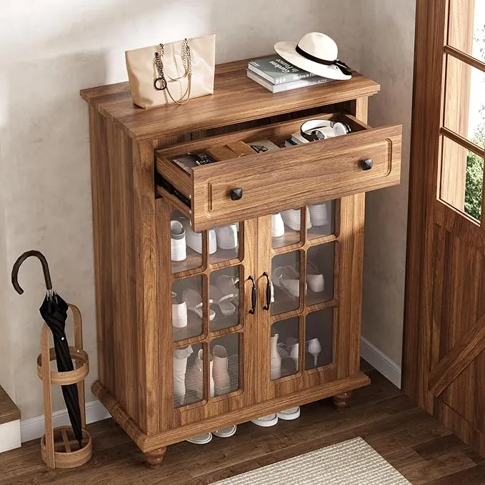 Wood Shoe Cabinet, Shoe Organizer Storage Cabinet with Adjustable Shelves