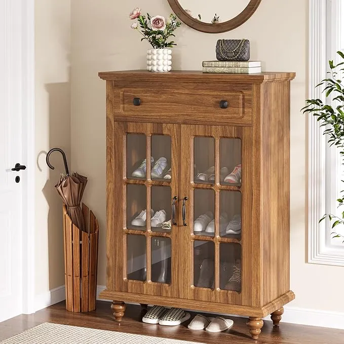 Wood Shoe Cabinet, Shoe Organizer Storage Cabinet with Adjustable Shelves