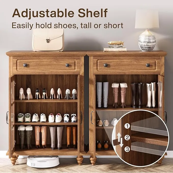 Wood Shoe Cabinet, Shoe Organizer Storage Cabinet with Adjustable Shelves